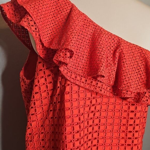 J.crew 12 Ruffle One-Shoulder Bright Poppy Red Eyelet Top - Picture 3 of 9
